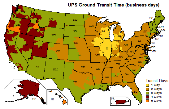Map of UPS Ground Transit Times from AKG Motorsport